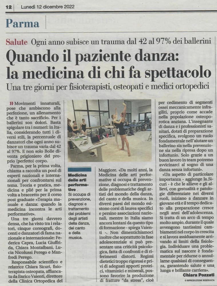 Articolo della Gazzetta di Parma su FisioDanceClass, 12 dicembre 2022